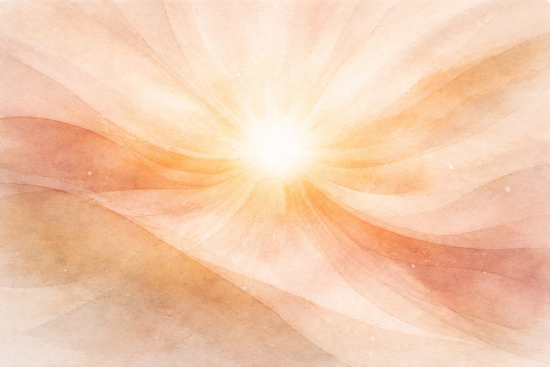 Soft abstract watercolour illustration of a glowing sun radiating warm, earthy tones, symbolising nourishment and restoration.