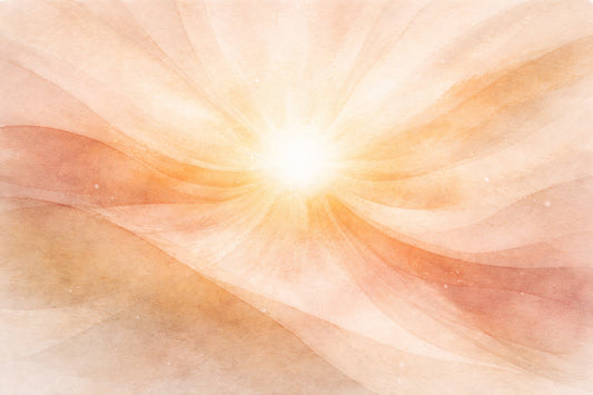 Soft abstract watercolour illustration of a glowing sun radiating warm, earthy tones, symbolising nourishment and restoration.