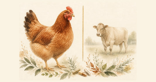 Watercolour illustration comparing chicken and beef liver capsules