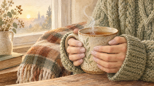 low iron symptoms: watercolour of cold hands wrapped around warm cup of tea