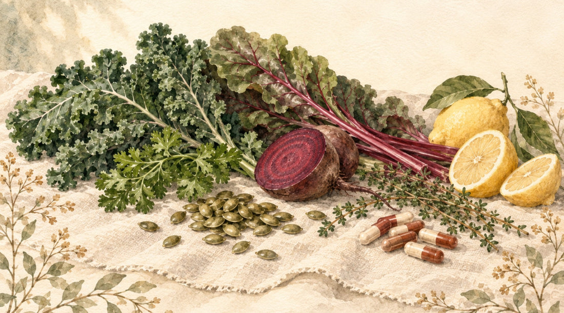 Watercolour of iron-rich whole foods — kale, chard, beetroot, pumpkin seeds and lemons - beside organic chicken liver capsules