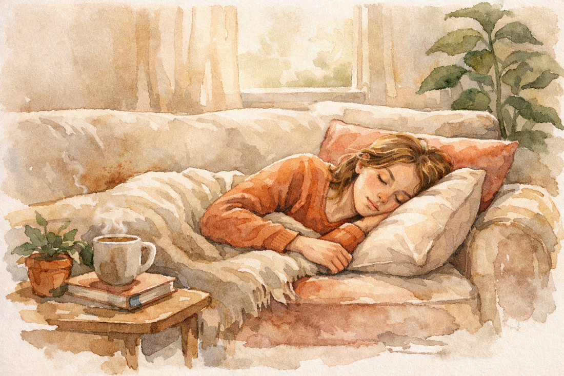 Watercolour illustration of a woman resting, representing fatigue and low energy related to low iron